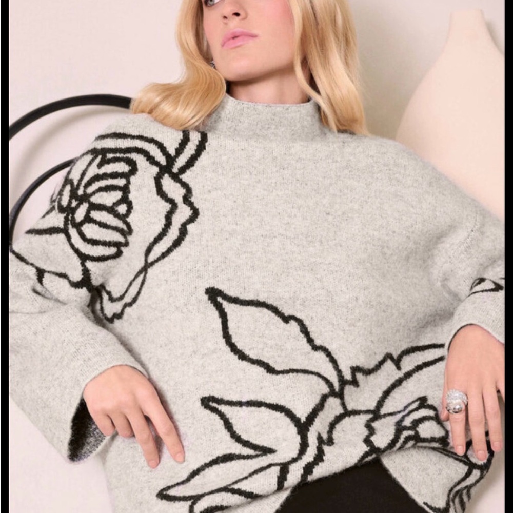 Joseph Ribkoff Gray Floral Turtleneck Sweater